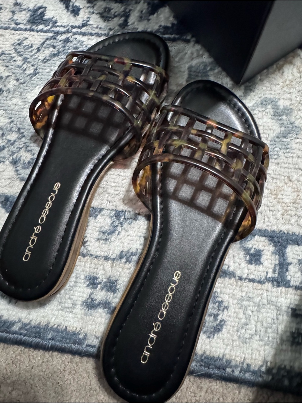 Andre Assous Black Slides with Tortoiseshell Weave